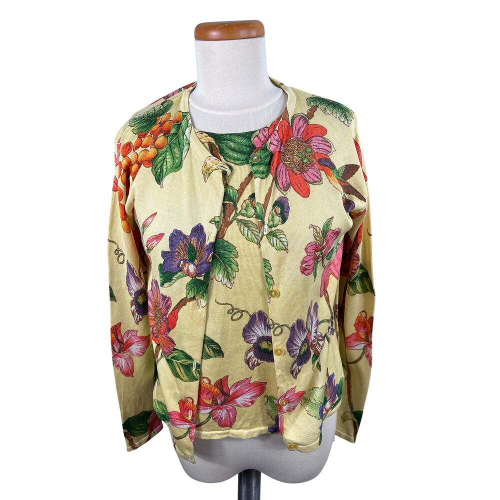 Silk Club Women's Small Yellow‎ Floral Beaded Tank Top With Long Sleeve Cardigan